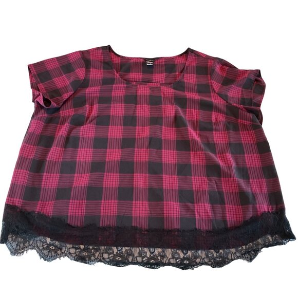 NWOT Torrid Womens Plaid Short Sleeve Top Lace Hem Sz 26 Black/Red Nylon/Polyest - Picture 3 of 13